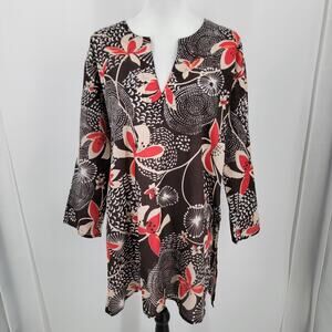 Kurti Tunic Top Womens Large Brown Floral Cotton V Neck Boho